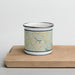 Front View Custom Lake Monticello Virginia Map Enamel Mug in Woodblock on Cutting Board