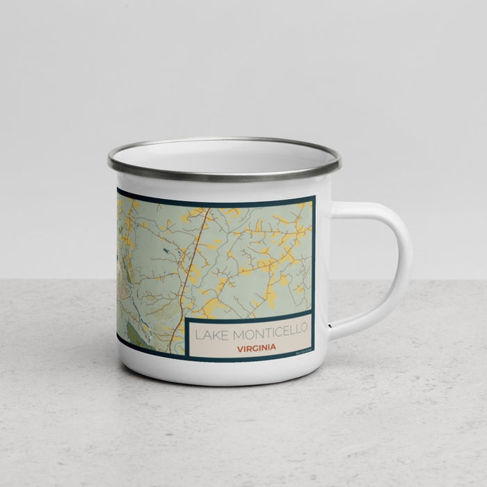 Right View Custom Lake Monticello Virginia Map Enamel Mug in Woodblock