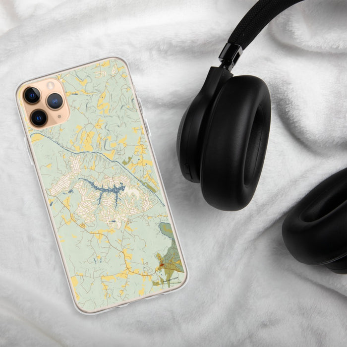 Custom Lake Monticello Virginia Map Phone Case in Woodblock on Table with Black Headphones