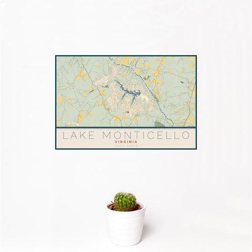 12x18 Lake Monticello Virginia Map Print Landscape Orientation in Woodblock Style With Small Cactus Plant in White Planter