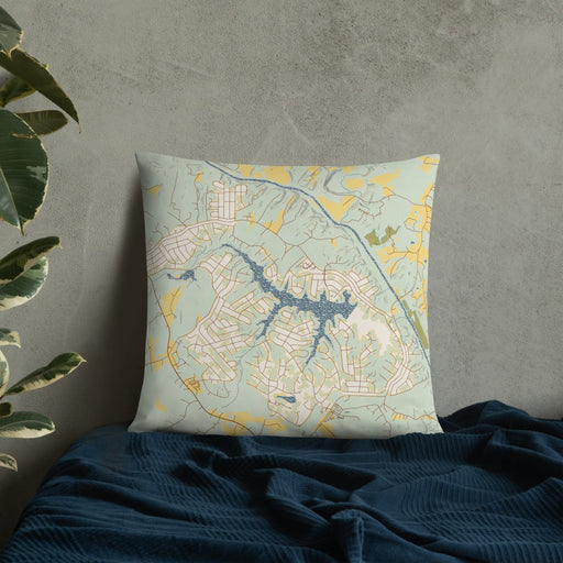 Custom Lake Monticello Virginia Map Throw Pillow in Woodblock on Bedding Against Wall