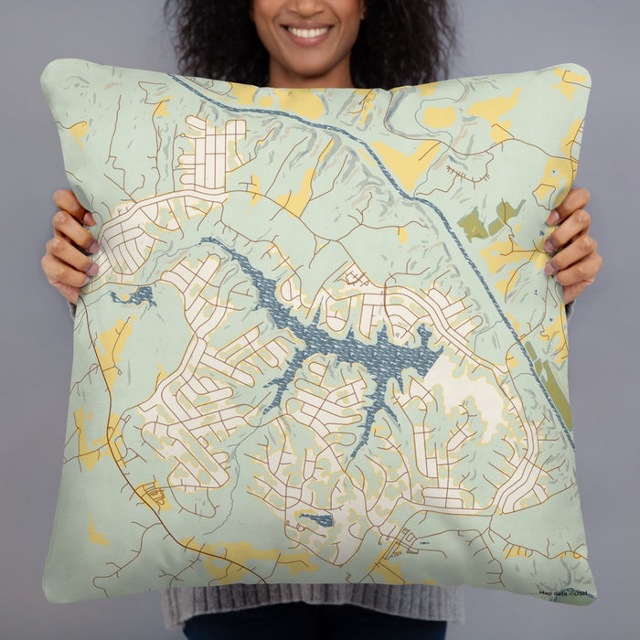 Person holding 22x22 Custom Lake Monticello Virginia Map Throw Pillow in Woodblock