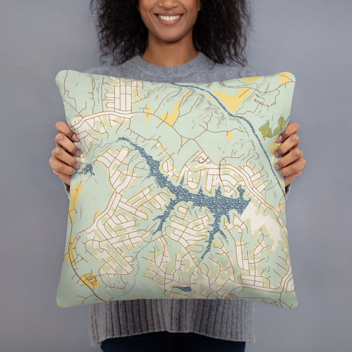 Person holding 18x18 Custom Lake Monticello Virginia Map Throw Pillow in Woodblock