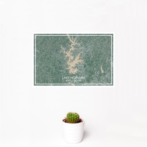 12x18 Lake Norman North Carolina Map Print Landscape Orientation in Afternoon Style With Small Cactus Plant in White Planter