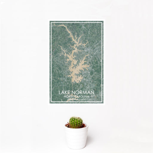 12x18 Lake Norman North Carolina Map Print Portrait Orientation in Afternoon Style With Small Cactus Plant in White Planter