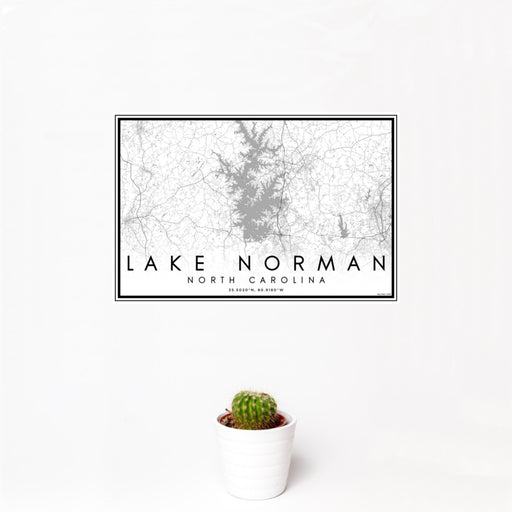 12x18 Lake Norman North Carolina Map Print Landscape Orientation in Classic Style With Small Cactus Plant in White Planter