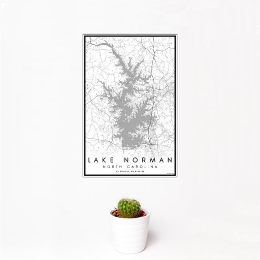 12x18 Lake Norman North Carolina Map Print Portrait Orientation in Classic Style With Small Cactus Plant in White Planter