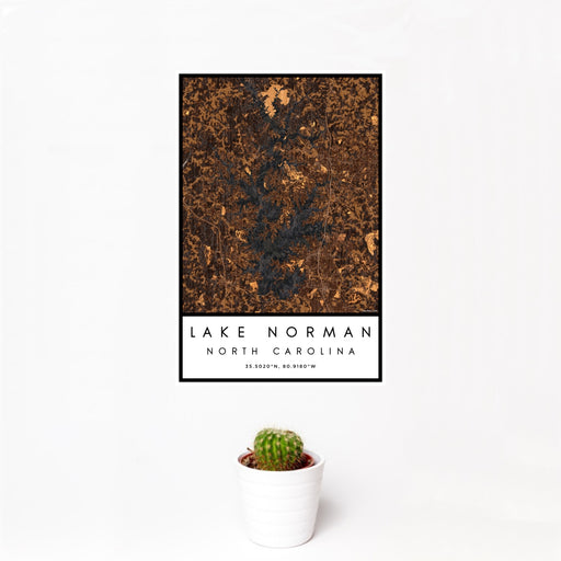 12x18 Lake Norman North Carolina Map Print Portrait Orientation in Ember Style With Small Cactus Plant in White Planter