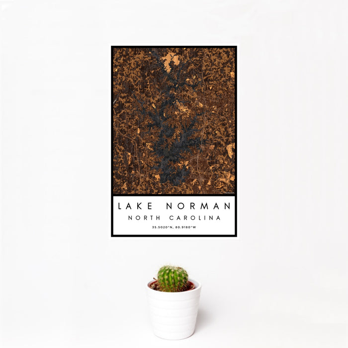 12x18 Lake Norman North Carolina Map Print Portrait Orientation in Ember Style With Small Cactus Plant in White Planter