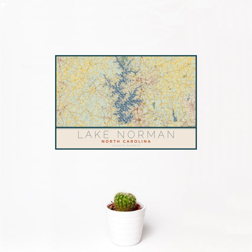 12x18 Lake Norman North Carolina Map Print Landscape Orientation in Woodblock Style With Small Cactus Plant in White Planter