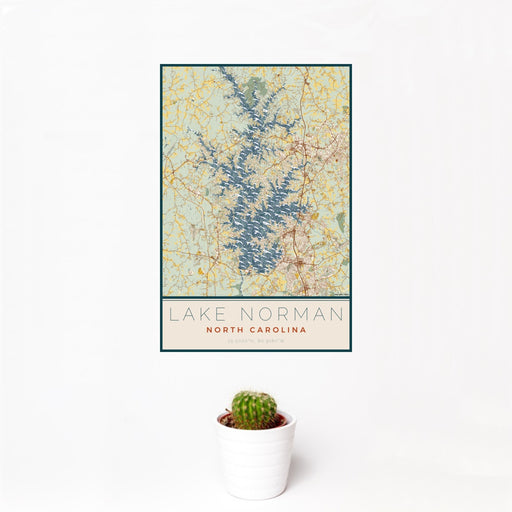 12x18 Lake Norman North Carolina Map Print Portrait Orientation in Woodblock Style With Small Cactus Plant in White Planter