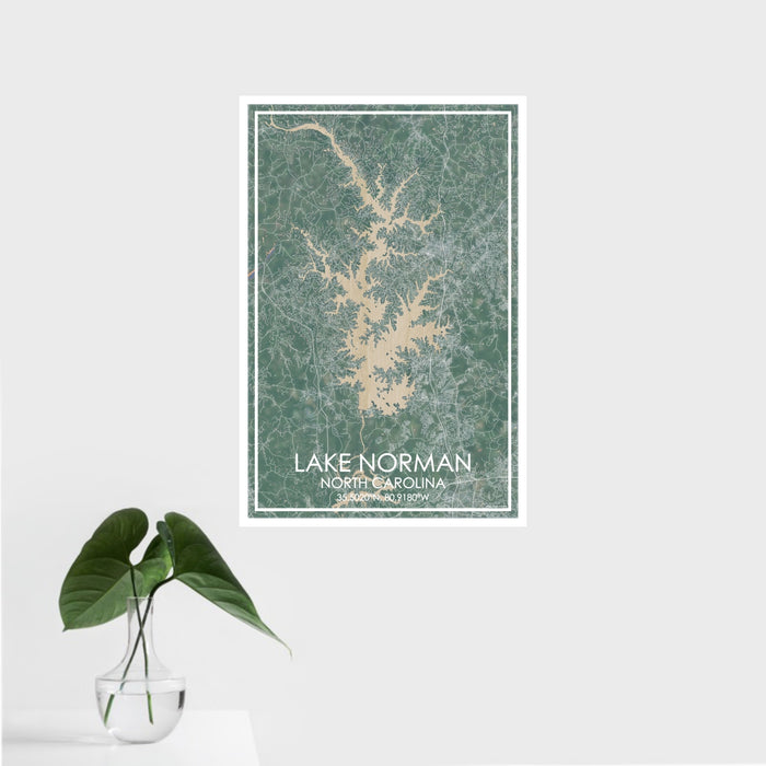 16x24 Lake Norman North Carolina Map Print Portrait Orientation in Afternoon Style With Tropical Plant Leaves in Water