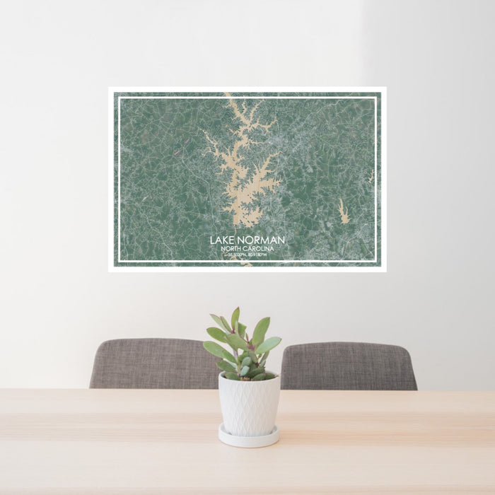 24x36 Lake Norman North Carolina Map Print Lanscape Orientation in Afternoon Style Behind 2 Chairs Table and Potted Plant