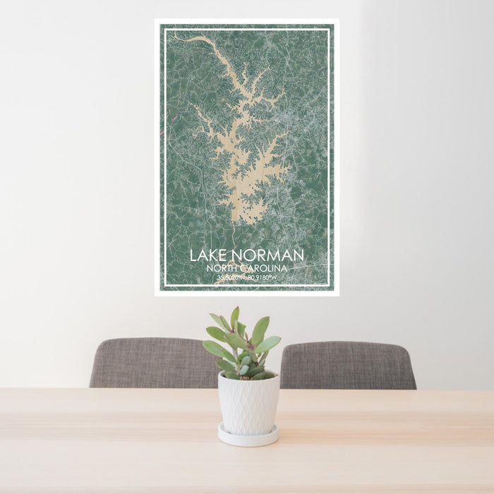 24x36 Lake Norman North Carolina Map Print Portrait Orientation in Afternoon Style Behind 2 Chairs Table and Potted Plant