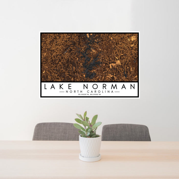24x36 Lake Norman North Carolina Map Print Lanscape Orientation in Ember Style Behind 2 Chairs Table and Potted Plant
