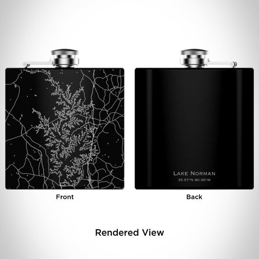 Rendered View of Lake Norman North Carolina Map Engraving on 6oz Stainless Steel Flask in Black