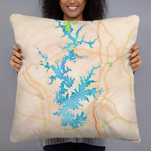 Person holding 22x22 Custom Lake Norman North Carolina Map Throw Pillow in Watercolor