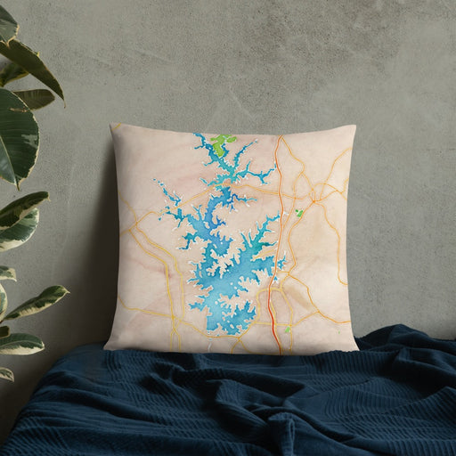 Custom Lake Norman North Carolina Map Throw Pillow in Watercolor on Bedding Against Wall