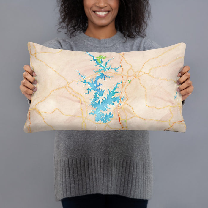 Person holding 20x12 Custom Lake Norman North Carolina Map Throw Pillow in Watercolor