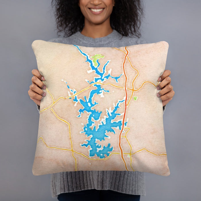 Person holding 18x18 Custom Lake Norman North Carolina Map Throw Pillow in Watercolor