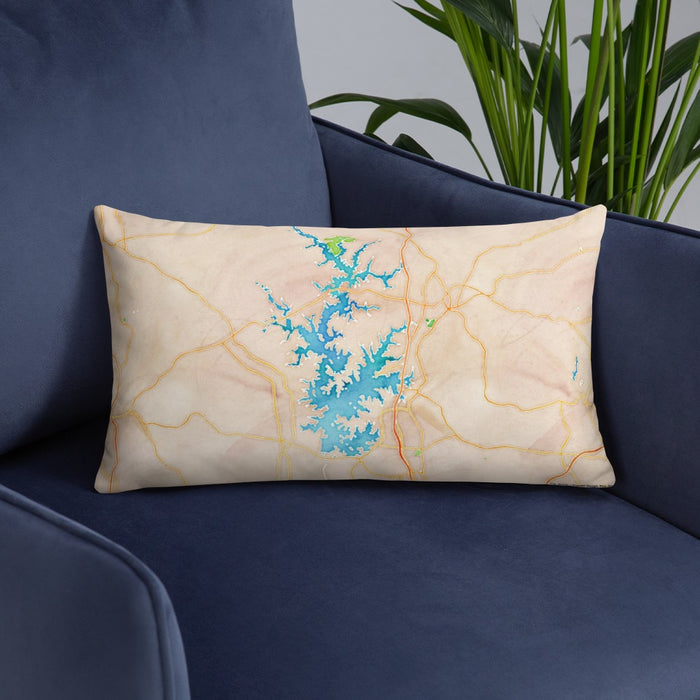 Custom Lake Norman North Carolina Map Throw Pillow in Watercolor on Blue Colored Chair