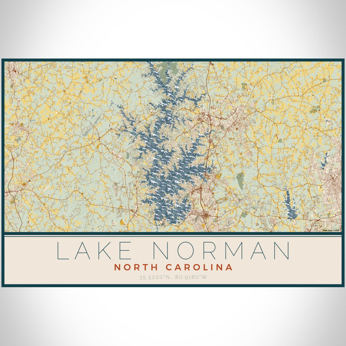 Lake Norman North Carolina Map Print Landscape Orientation in Woodblock Style With Shaded Background