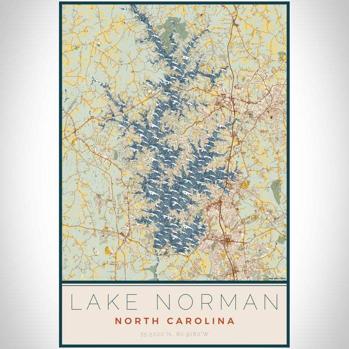 Lake Norman North Carolina Map Print Portrait Orientation in Woodblock Style With Shaded Background