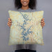 Person holding 18x18 Custom Lake Norman North Carolina Map Throw Pillow in Woodblock
