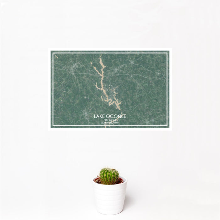 12x18 Lake Oconee Georgia Map Print Landscape Orientation in Afternoon Style With Small Cactus Plant in White Planter
