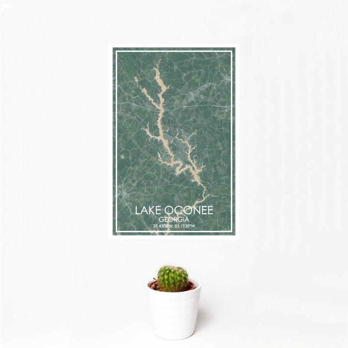 12x18 Lake Oconee Georgia Map Print Portrait Orientation in Afternoon Style With Small Cactus Plant in White Planter