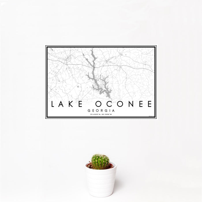 12x18 Lake Oconee Georgia Map Print Landscape Orientation in Classic Style With Small Cactus Plant in White Planter