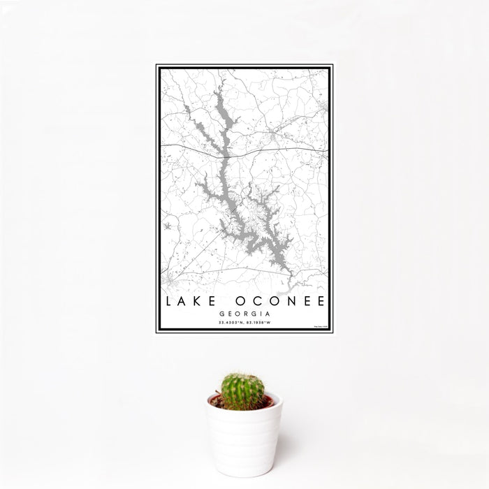 12x18 Lake Oconee Georgia Map Print Portrait Orientation in Classic Style With Small Cactus Plant in White Planter
