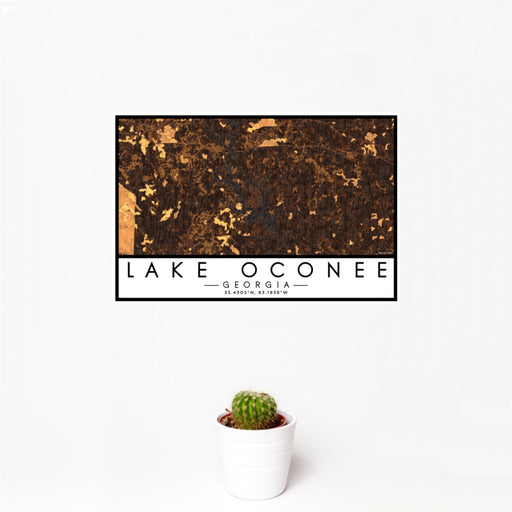 12x18 Lake Oconee Georgia Map Print Landscape Orientation in Ember Style With Small Cactus Plant in White Planter