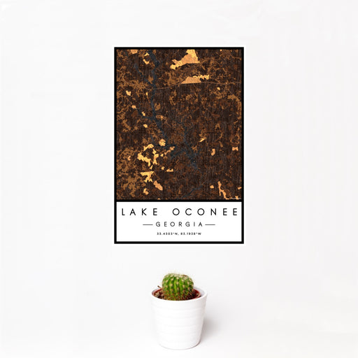 12x18 Lake Oconee Georgia Map Print Portrait Orientation in Ember Style With Small Cactus Plant in White Planter