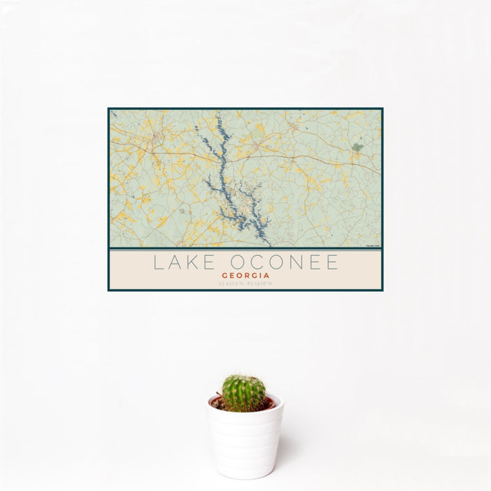 12x18 Lake Oconee Georgia Map Print Landscape Orientation in Woodblock Style With Small Cactus Plant in White Planter