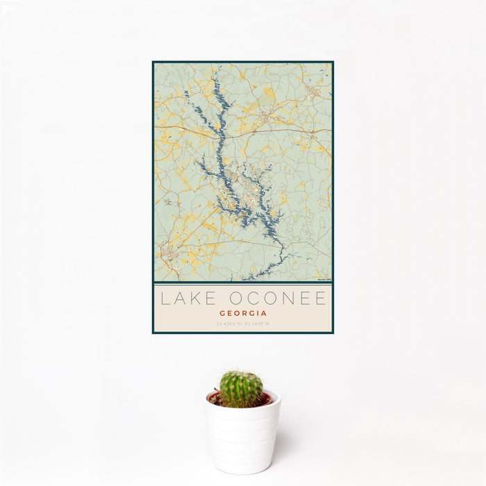 12x18 Lake Oconee Georgia Map Print Portrait Orientation in Woodblock Style With Small Cactus Plant in White Planter