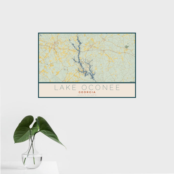 16x24 Lake Oconee Georgia Map Print Landscape Orientation in Woodblock Style With Tropical Plant Leaves in Water