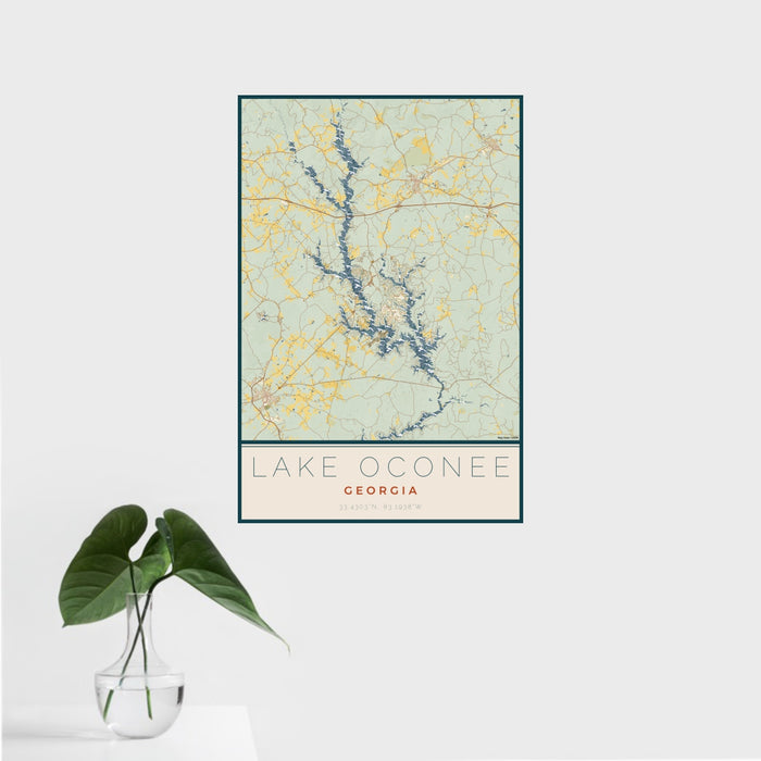 16x24 Lake Oconee Georgia Map Print Portrait Orientation in Woodblock Style With Tropical Plant Leaves in Water