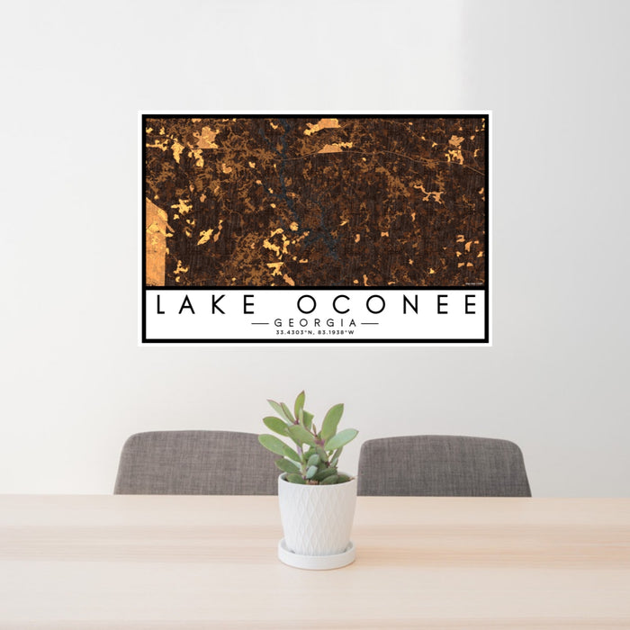 24x36 Lake Oconee Georgia Map Print Lanscape Orientation in Ember Style Behind 2 Chairs Table and Potted Plant