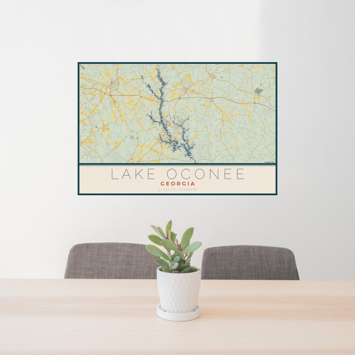 24x36 Lake Oconee Georgia Map Print Lanscape Orientation in Woodblock Style Behind 2 Chairs Table and Potted Plant