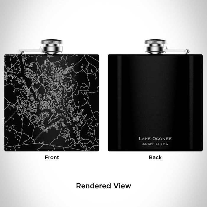 Rendered View of Lake Oconee Georgia Map Engraving on 6oz Stainless Steel Flask in Black