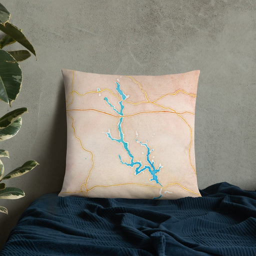 Custom Lake Oconee Georgia Map Throw Pillow in Watercolor on Bedding Against Wall