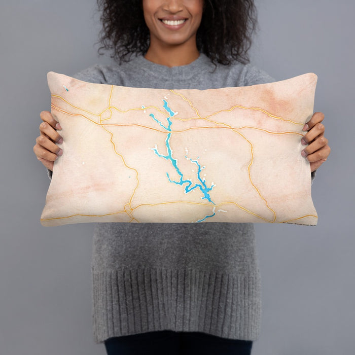 Person holding 20x12 Custom Lake Oconee Georgia Map Throw Pillow in Watercolor