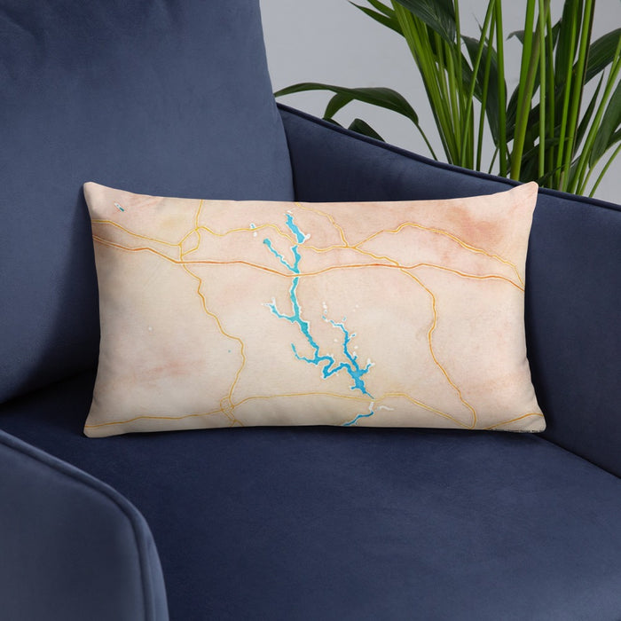 Custom Lake Oconee Georgia Map Throw Pillow in Watercolor on Blue Colored Chair