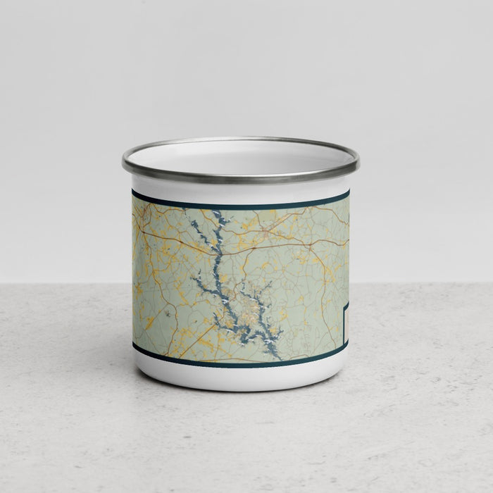 Front View Custom Lake Oconee Georgia Map Enamel Mug in Woodblock
