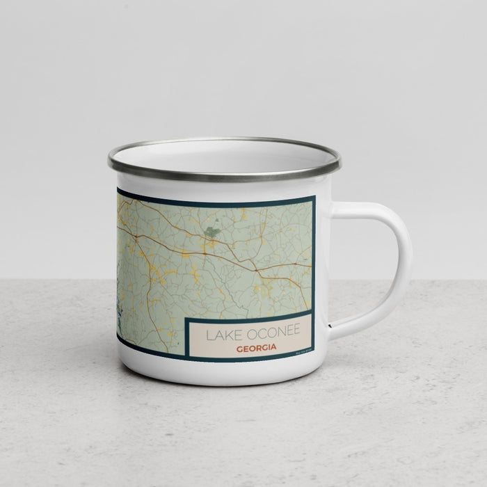 Right View Custom Lake Oconee Georgia Map Enamel Mug in Woodblock