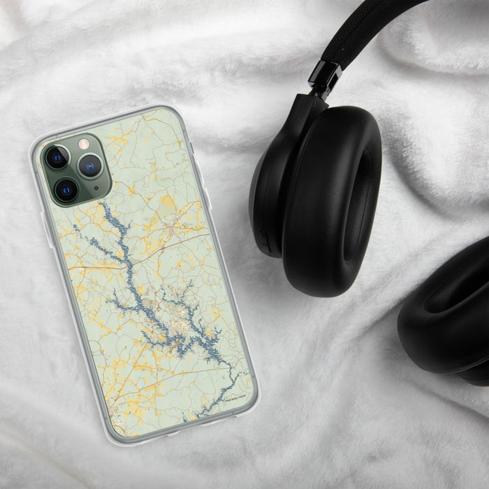Custom Lake Oconee Georgia Map Phone Case in Woodblock on Table with Black Headphones
