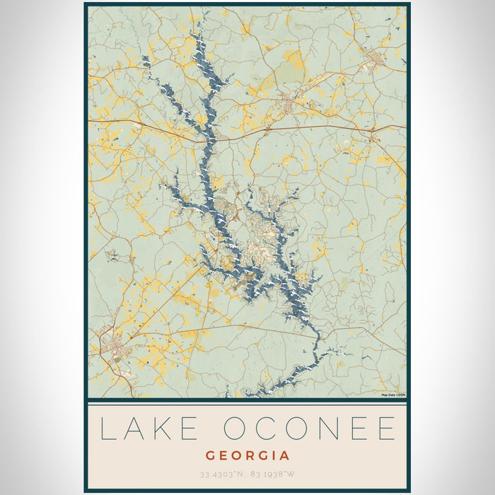 Lake Oconee Georgia Map Print Portrait Orientation in Woodblock Style With Shaded Background