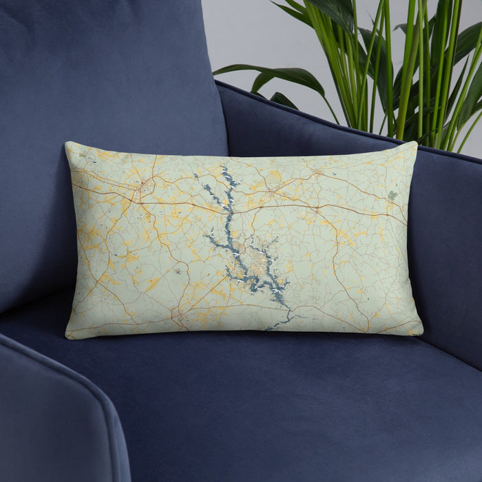 Custom Lake Oconee Georgia Map Throw Pillow in Woodblock on Blue Colored Chair