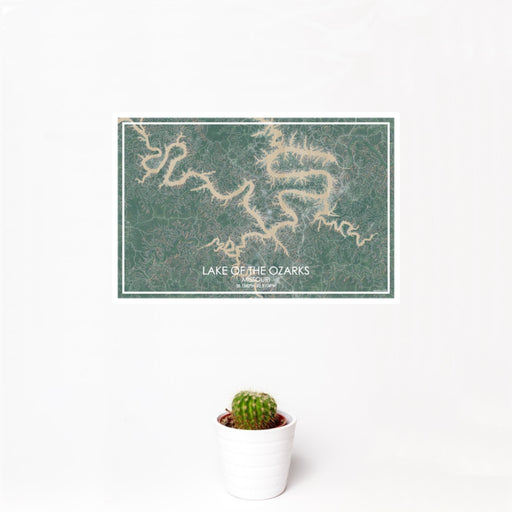 12x18 Lake of the Ozarks Missouri Map Print Landscape Orientation in Afternoon Style With Small Cactus Plant in White Planter